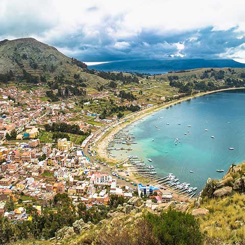 Aerial panorama of lake of Titicaca that you can view on a Bolivia vacation