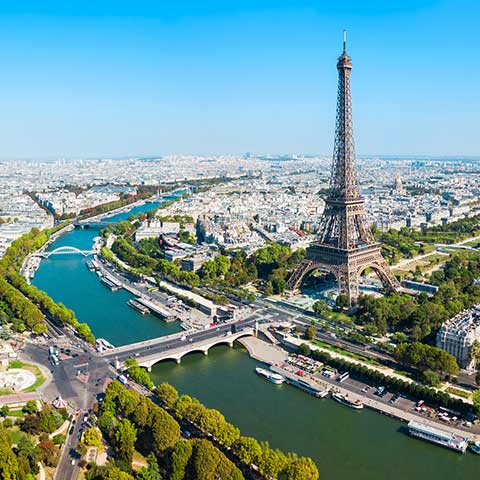 Aerial view of Paris and the Eiffel Tower on an escorted vacation to France