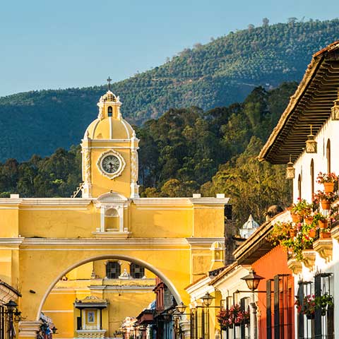 A view of the Santa Catalina Arch  that can be viewed in Antigua Guatemala on a Guatemala vacation