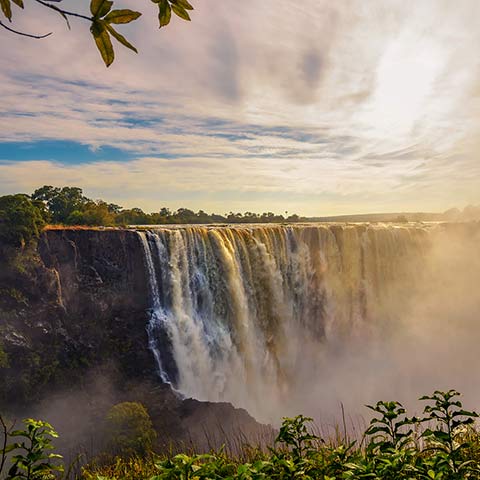 A view of the powerful Victoria Falls that can be seen on a Zambia safari vacation